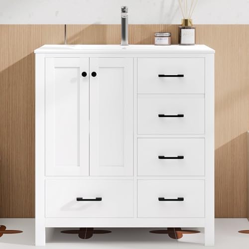 Mueble de baño independiente blanco de 76 cm con lavabo integrado 2