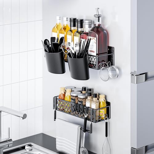 PKBD Magnetic Spice Rack for Fridge,Large Kitchen Storage Organisation,Seasoning Organizer Assembled Accessories,3 Magnetic Shelf for Fridge,4 Hooks,2 Hanging Basket,Towel Rack Metal&Black-2Pack