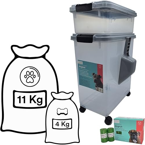 Reviews de De contenedores que puedes comprar esta semana. 44 Dognut - 3 Piezas Contenedor Hermético para Alimento de Mascotas, Capacidad 11 y 4 Kgs, con Cuchara Medidora, sin BPA, con llantas para un Fácil Transporte