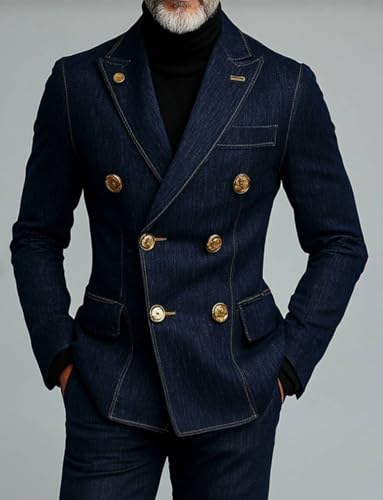 Kromoc Men's 2-Piece Denim Suit Peak Lapel Double Breasted Buttons Wedding Prom Jacket Pants2