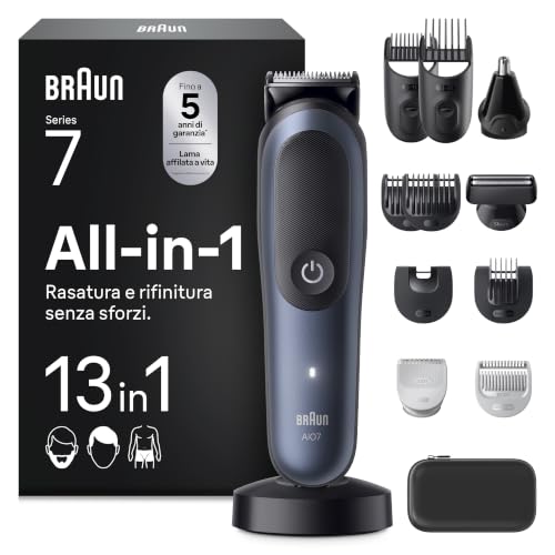 Braun Rifinitore All-in-One Series 7, Rasoio Elettrico Barba e Capelli 13in1, Lama Problade, Rasoio Elettrico Corpo Uomo, Taglia Peli Naso, 120 Min. Autonomia, Pettini Aree Sensibili, Wet&Dry, Aio7565