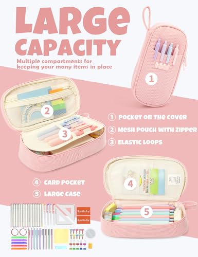 Image of SUNEE Cute Pencil Case, Large Pencil Pouch, Aesthetic Big Pencil Bag with Zipper, Kawaii Stationery Storage and Organizer, Soft Corduroy Bag School Supplies for Teen and Adult, Boys&Girls, Soft Pink