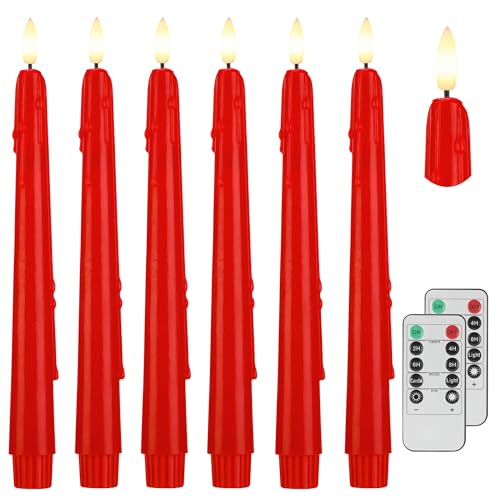 Image of Flameless Taper Candles With Two Remote, 9.6 inch Dripless Battery Operated, 6 Pack Real Wax LED Flickering Candlesticks With 3D Flame for Home, Wedding, Party, Red