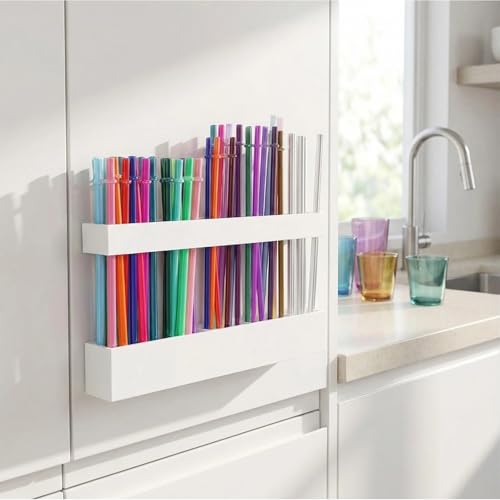 Strohhalm aufbewahrung-Wandmontierte Trinkhalme Aufbewahrung mit Doppelseitigem Klebeband,Strohhalmhalter für Schranktür Theke Schrank, Kleine Küchenzubehör-Behälter,Straw Holder Strohhalme-Halter