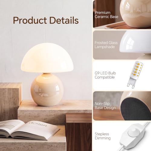 Image of Dawnwake Mushroom Lamp Table Lamp for Bedroom-Small Desk Table Lamps,Cream | 8.7 inch Mid Century Modern Table Lamps for Living Room Bedroom Decor,Cute Ceramic Lamps for Mushroom Home Room Decor,Glass Shade