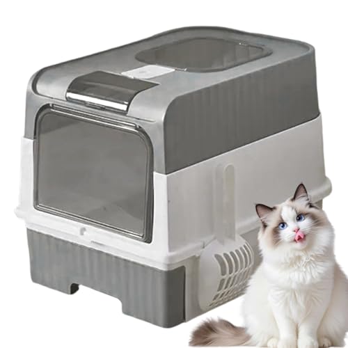 キャット リッター ボックス | 大型猫用リッターボックス,消臭機能付き折りたたみ式フード付きトイレ スコップ付き 室内コーナー対応 旅行用にも最適