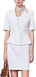 Women Elegant Pink 2-Piece Suit Set Short Sleeve Slim Fit Blazer and Pencil Skirt Office Interview Work Attire