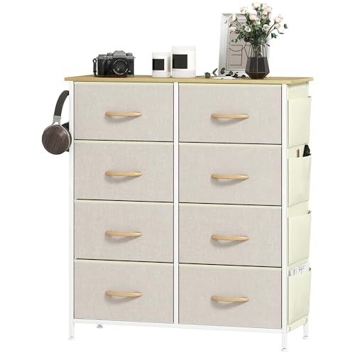 HOMCOM Cajonera de Tela Alta Cómoda con 8 Cajones 4 Bolsillos Laterales 2 Ganchos y Estructura de Acero Cómoda para Dormitorio Sala de Estar Pasillo Beige
