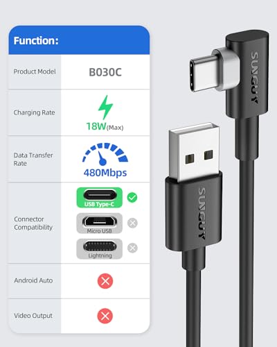Image of SUNGUY Right Angle USB C Cable 10FT, 10-Pack 3A Fast Charging 90 Degree USB 2.0 Data Sync Cable Compatible with Galaxy S21 S20 S10 S9 S8 Plus, Note 20 10, LG V50 V40, PS5 Controller