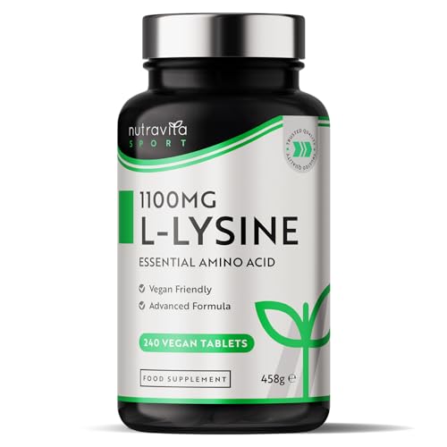 Nutravita L-Lysine 1100mg High Strength - 240 Vegan & Gluten Free Tablets (8 Month Supply) - Cold Sore Treatment Essential Amino Acid Supplement - Normal Growth and Muscle Turnover - Made in The UK