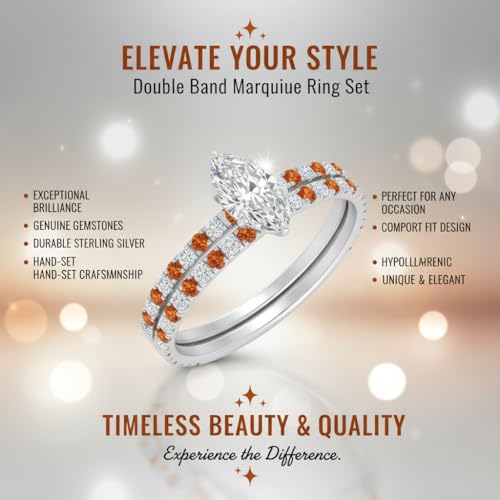 Image of Choose Your Gemstone Three Quarter Diamond CZ Gallery Bridal Ring Set 925 Sterling Silver Marquise Shape Wedding Ring Sets for WomenUS Size 4 to 12