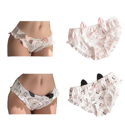 Cute Panties Underwear Anime Bow Japanese Schoolgirl Cat Ears Cat's Paw Wind Kawaii Shorts Ruffles Soft Silk Cartoon（2 packs）
