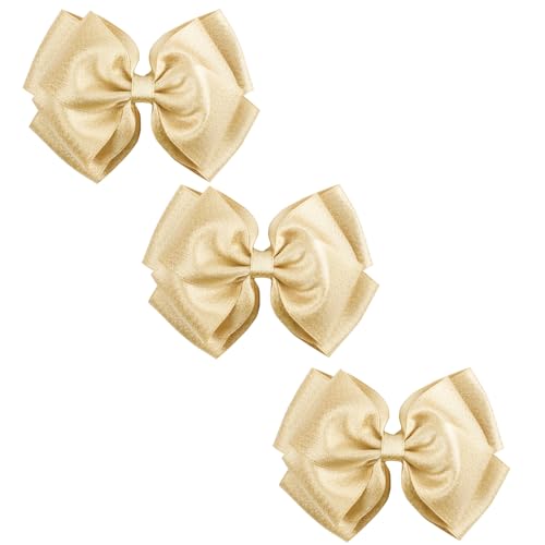 Set de 3 Pinzas para Cabello con Lazos de Satén y Brillo de 4.5 Pulgadas – Clips de Cocodrilo para Niñas, Tocadiscos para Fiesta, Boda y Regalo de Vacaciones (Dorado)