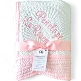 Personalized Baby Bed Blanket Quilt with Name and Date Monogrammed Newborn Gift Girl Boy Crib White Custom Pink Blue White Nursery