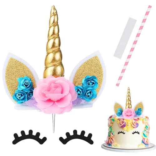 Unicorno Decorazioni Torte, Unicorno Torta Topper Compleanno Decorazione per Torta con 2 Ciglia e 1 Paglia 3D Decorazione per Ragazze Ragazzi Bambini Compleanno Matrimonio Festa di Natale (Oro)