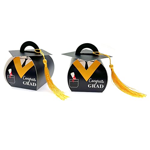JZK 50 x Negra caja favores graduación forma toga graduación y sombrero con borla dorado amarillo,...
