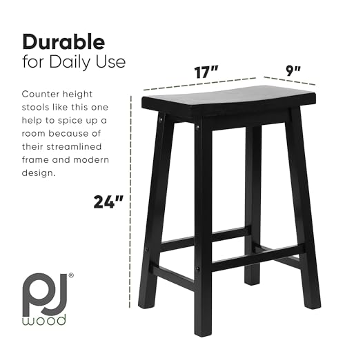 Image of PJ Wood 24 Inch Saddle - Wood Saddle Counter Stool - Black 2 Pack | Backless Design, 225 lb Capacity, Modern A Frame, Square Legs, FSC Certified Lumber, Formaldehyde Free Adhesives