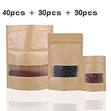 Puede levantarse perfectamente después de llenar los alimentos dentro. Las bolsas de sellado de 100 piezas contienen tres tamaños diferentes, que son excelentes para empacar y exhibir productos. Fuerte material de papel kraft para vender bien de pie en escaparate o almacenar en casa.