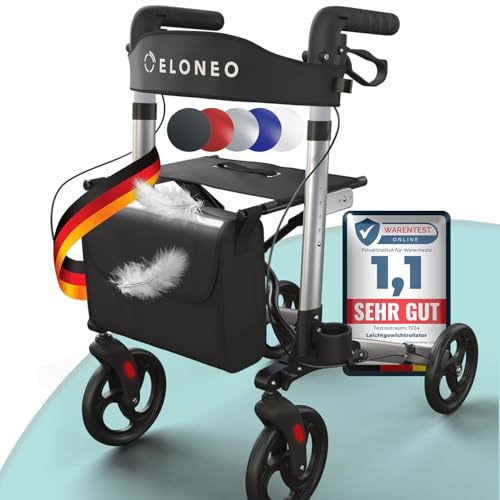 ELONEO Rollator faltbar und leicht mit Sitz, Leichtgewicht-Reiserollator aus Aluminium, Gehhilfe 8-fach höhenverstellbar, Laufhilfe 3-fach faltbar für Kofferraum, Tasche & Schirmhalter Anthrazit
