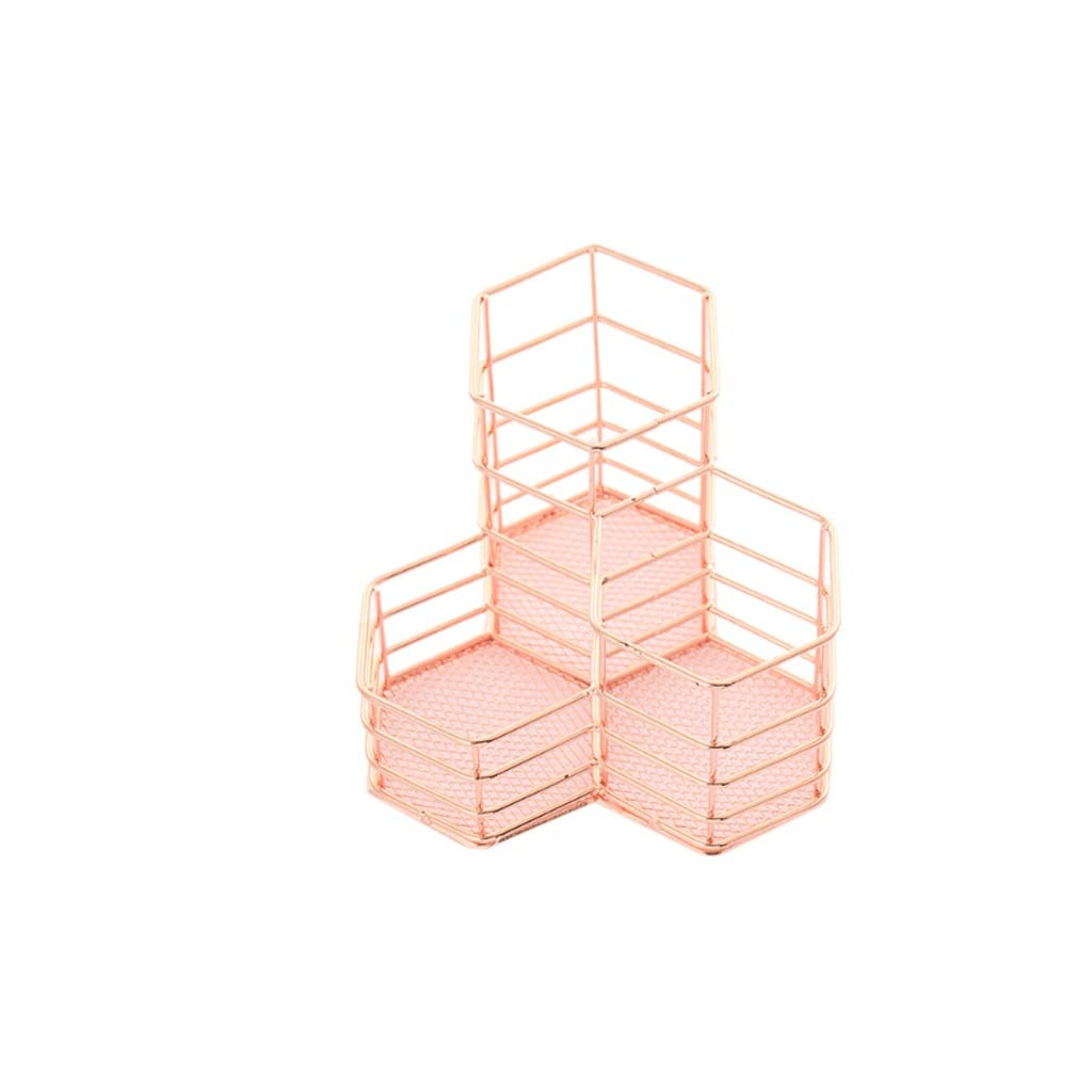 MOBYGKFY Pen Holder Desk Tidy Hexagon iron Hollow Makeup Brush Organizer Stationery Storage Container Pencil Marker Rose Gold