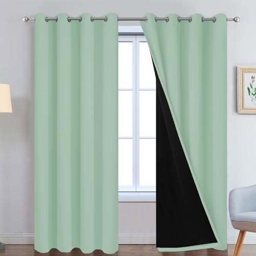 Image of Yakamok Light Sage 100% Blackout Curtains 84 Inches Long 52 inch Wide, 2 Panels | Blackout Curtain Panels for Bedroom, 2 Thick Layers Grommet Top Thermal Insulated Drapes with Black Liner for Living Room