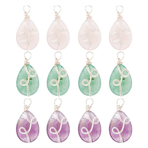 DICOSMETIC 12Pcs 3 Styles Natural Stone Pendant Teardrop Gemstone Pendants with Copper Wire Drop Crystal Stone Pendants Oval Beads Dangle Charms for Jewellery Making Hole: 3.4mm