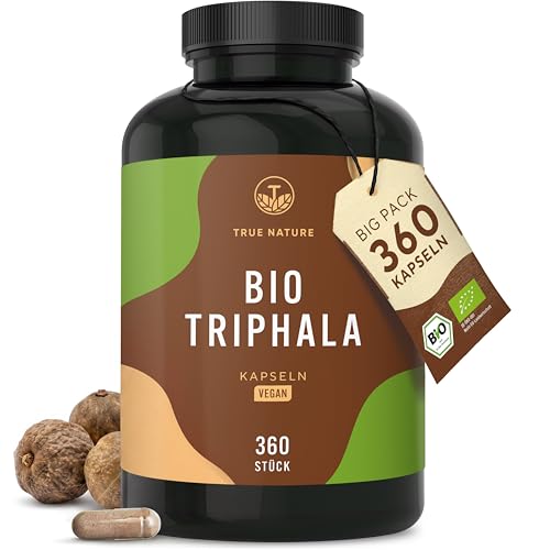 Bio Triphala - Hochdosiert mit 2.000mg (500mg je Kapsel) - 360 Kapseln - Premium Triphala Pulver aus Indien: Haritaki Amalaki Bibhitaki - Ohne Zusatzstoffe - Vegan deutsche Produktion - TRUE NATURE
