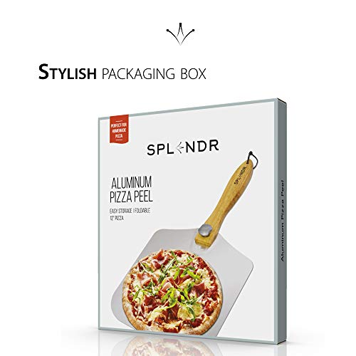 SPLENDR Aluminum Metal Pizza Peel with Foldable Wood Handle 12 Inch x 14 Inch Great Gift for Homemade Pizza Lovers. Easy Storage Pizza Paddle for Baking Bread