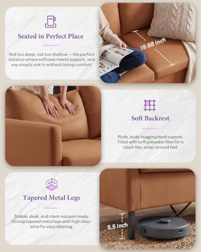 Image of TYBOATLE Brown Faux Leather Small Couch Loveseat, 2-Seater for Living Room | Love Seat, Mini Couch, Small Sofa, Modern Upholstered Design, Bedroom, Dorm, Apartment, Office, Compact Spaces