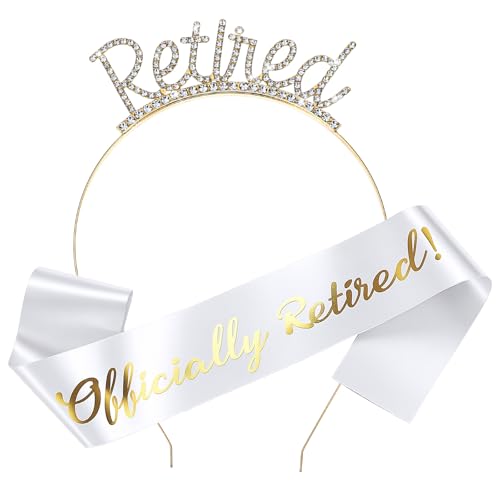 Classicseali 2pcs Retirement Sash,Retirement Sash for Women with Rhinestone Retirements Crown Tiara, Classic Retirements Decorations for Women, White