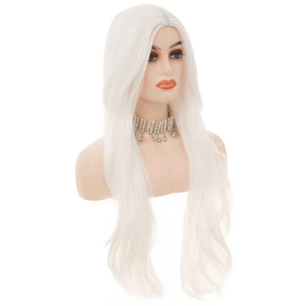Siudus White Long Curly Wigs for Women 28 Inch Wavy Cosplay Middle Part Hair Wig Synthetic Fibre Halloween Costume Wig - Image 4