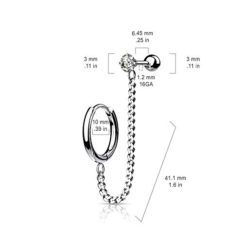 Pierced Owl - 16GA Stainless Steel Clicker Hoop Earring and Chain Linked CZ Crystal Cartilage Helix Ear Lobe Barbell Stud2