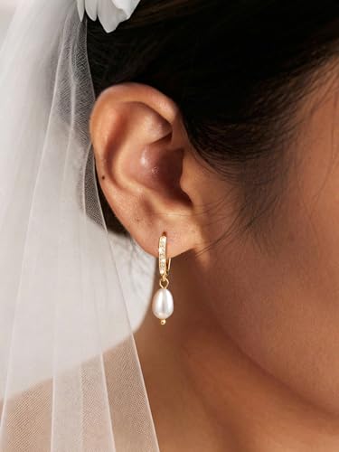 POAIIU Gold Pearl Earrings for Women, Pearl Drop Earrings 14K Plated CZ Pave Huggie, Pearl Hoop Earrings Bridesmaid Earrings Tarnish Resistant — view 3