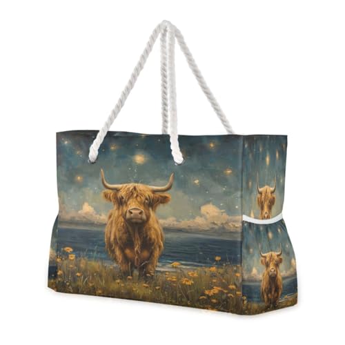 Highland Cow Pattern Beach Bag & Travel Tote Bag Large Sandproof Wet Pouch for Gym Travel, Lightweight Outdoor Bag