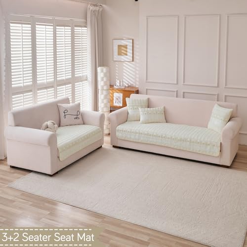 Image of HOKIPO 'BelleLace Series' Sofa Mat for 3 Seater and 2 Seater Sofa | Imperial Milk Velvet Sofa Cover with Lace Design | Pearl White (AR-5966+5964-WHT)