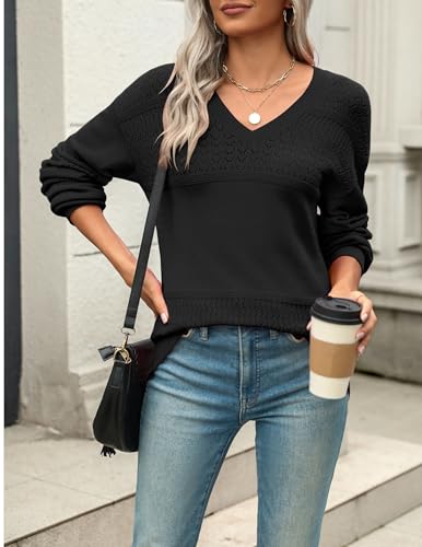 Image of Zeagoo Womens 2026 Fall Sweaters Casual Long Sleeve Ribbed Knit Pullover V Neck Lightweight Crochet Pullover Sweater Top