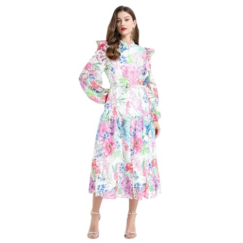 Robe longue cintrée en dentelle fleurie et col montant rétro JYHBHMZG