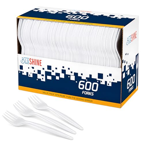 BluShine 600 Pack White Plastic Forks, Disposable Bulk Cutlery
