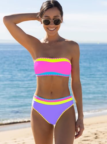Image of popvil Bikini Sets for Women Bandeau Swimsuits Strapless Two Piece Bathing Suits Neon Swimwear for Beach Vacation 2026