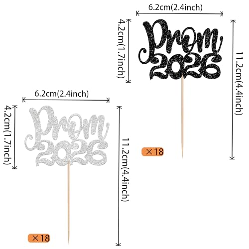 36 PCS Prom 2026 Cupcake Toppers Glitter Prom Night Party 2026 Graduation Cupcake Picks Class of 2026 Cupcake Decorations for 2026 Graduation Prom Party Cake Decorations Supplies Black Silver