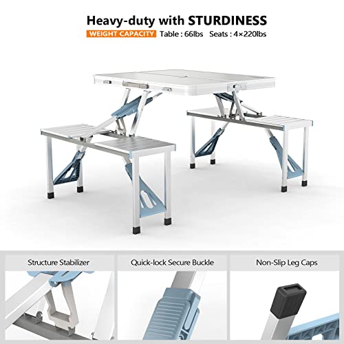 Vingli 4Ft Folding Camping Picnic Table With Seats/Umbrella Hole-265 Lbs Support That Lightweight And Fold Up Card Suitcase Table Aluminum Alloy Frame, Rv Tabletop With Soft Handle #TOP6