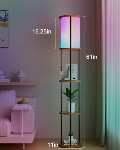 Image of Lightdot 61 inch RGB Floor Lamp with Shelves, 3-Tier Storage Smart Remote Control Standing Lamp with Fabric Shade, Bulb Included, Dimmable Floor Lamps for Living Room /Sofa Beside /Corner Decor (Black)