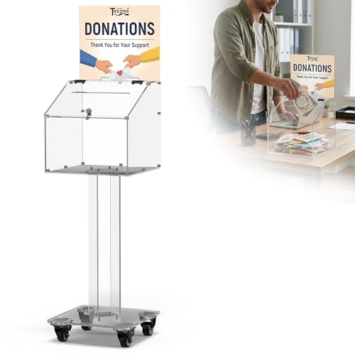 Tredre Acrylic Donation & Suggestion Box with Slot and Lock, Large Capacity Offering box with Stand for Fundraisers, Church, Charity & Hospital, Floor/Tabletop Convertible (Clear, 13.7"×13.7"×39.3")
