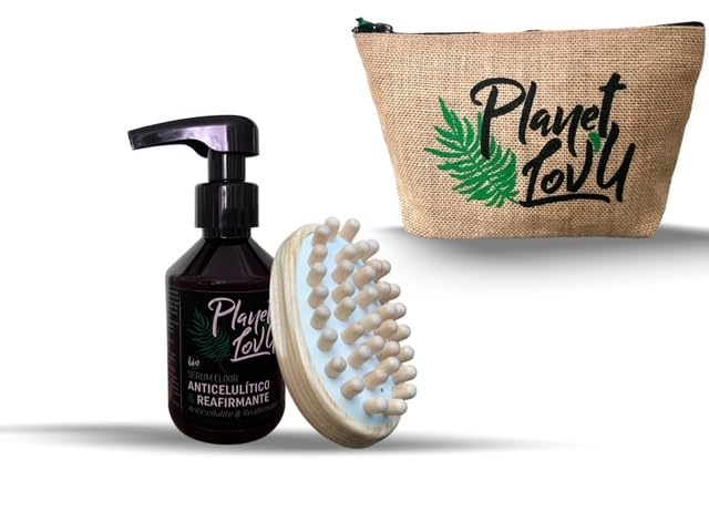 Planet Lov’U - Set Aceite Anticelulítico, reductor & Reafirmante 100% natural + Cepillo de masaje corporal de madera + Neceser de Yute Para Viaje .Para Piernas Muslos Brazos y Abdomen.
