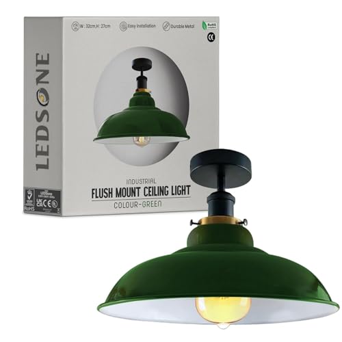 LEDSone Lampada da soffitto retrò vintage con rosone e portalampada in metallo retrò antico Edison E27 IP20 Lampada a vite cablata (Verde)