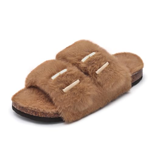 Rainlin Women's Fuzzy Slippers Comfy Cork Footbed Fluffy Slides Open Toe Indoor Outdoor House Shoes with Arch Support