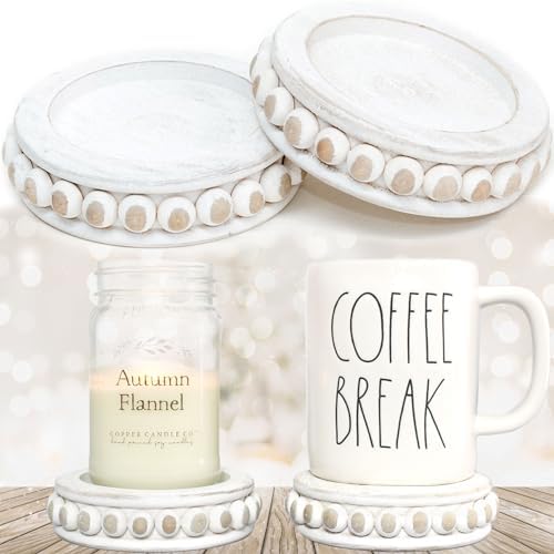 Set of 2 Round Rustic Wood Beaded Risers - Sturdy 2-Sided Stackable ...