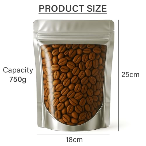 Image of Transparent Front /Silver Back Stand-Up Zipper Pouch, 18cm x 25cm, Pack of 25, Food Grade, Reusable LDPE Zip Lock Bags for Food Storage & Packaging Capacity 750g