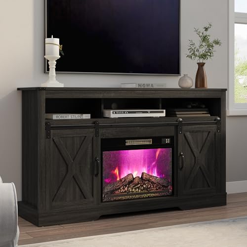 Image of RoyalCraft Farmhouse Fireplace TV Stand for 65+ Inch TV, Entertainment Center with 23 inch Electric Fireplace with Remote, 34 Tall Modern Rustic TV Console with Sliding Bar Door for Living Room, Dark Grey