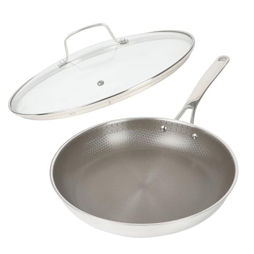 Image of Martha Stewart Badgley Hybrid Nonstick 12 Inch TriPly Stainless Steel Large Fry Pan With Lid & Stay Cool Handle - Laser Etched Non-Toxic Perfect Sear Nonstick Skillet - Dishwasher and Induction Safe